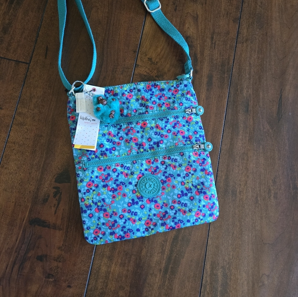 Kipling Keiko Crossbody Lightweight Shoulder Bag Teal Floral Print Monkey Charm - Picture 3 of 8